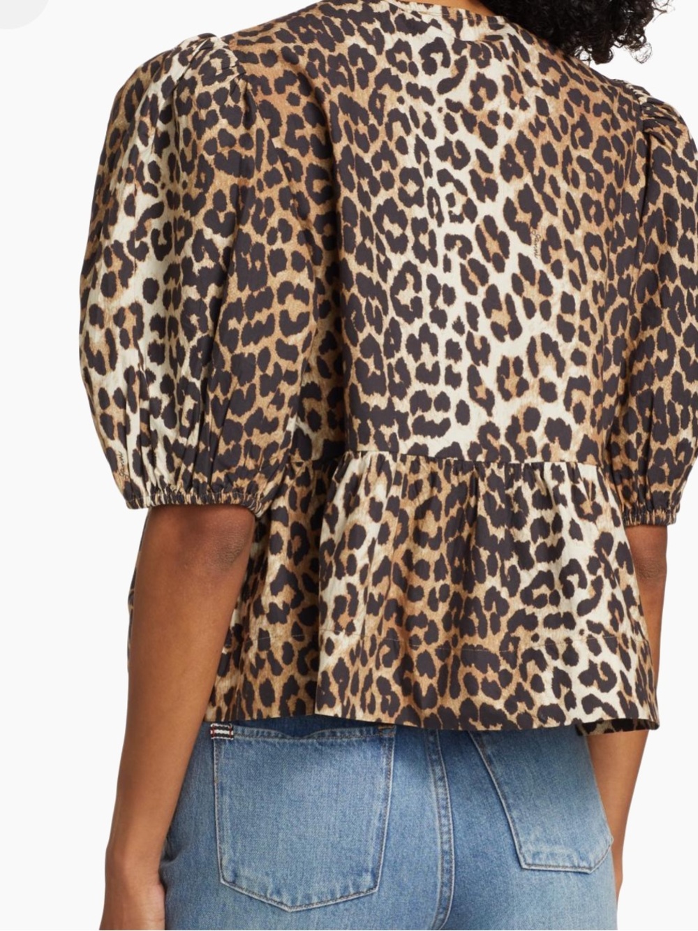Ganni Leopard Print Puff Sleeve Peplum Blouse - Brown, Black, Cream - cotton - Picture 5 of 6